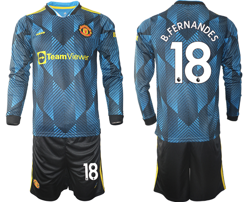 Men 2021-2022 Club Manchester united second away blue Long Sleeve #18 Soccer Jersey